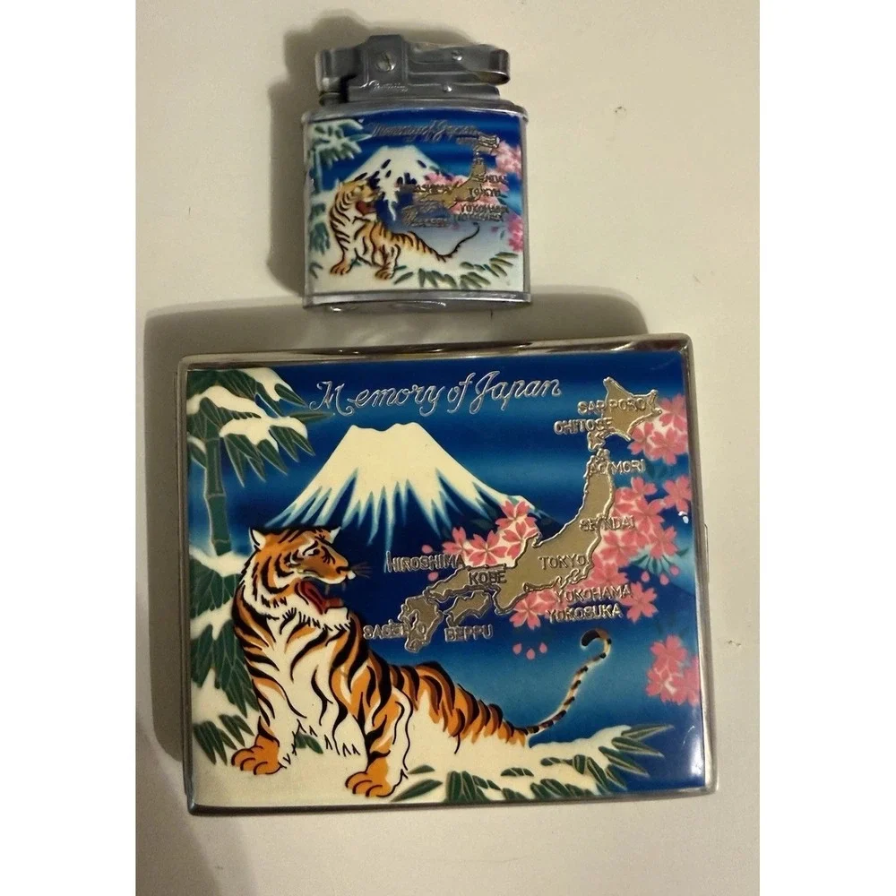 RARE Memory of Japan Vintage Cigarette Case w/ Attached Lighter Tiger Mt Fuji